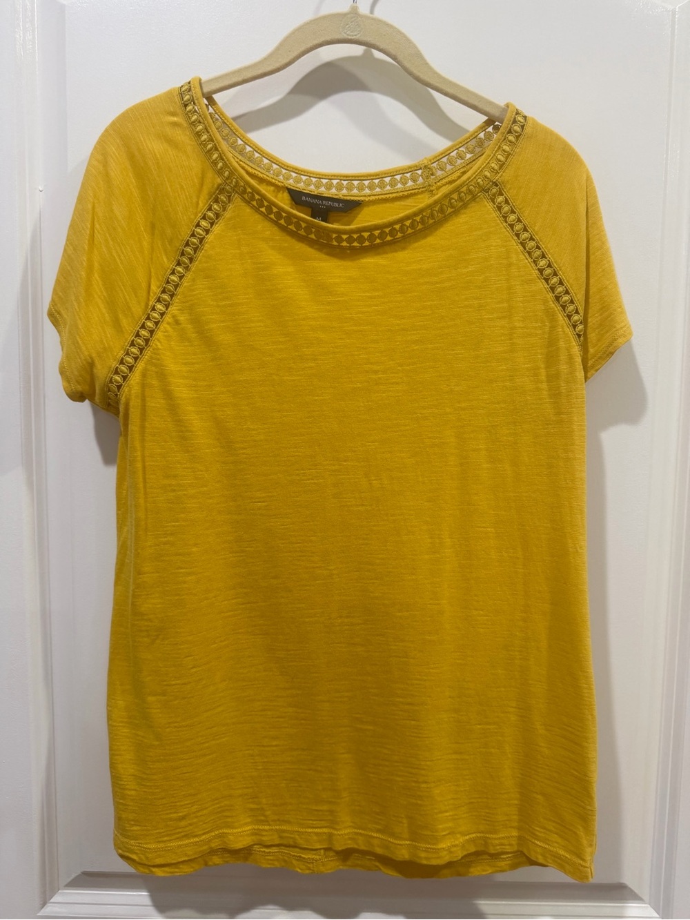 Banana Republic Mustard Yellow Short Sleeve Crochet Trim Top